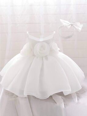 White Floral Baby Girl Dress with Headband